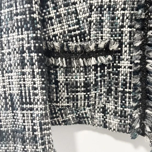 Spenser Jeremy Womens Tweed Blazer Jacket Black Gray White Fringe Open Front - Picture 8 of 9